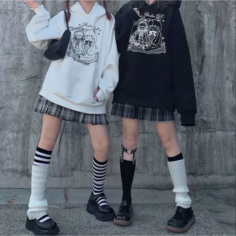 Harajuku Cartoon Anime Print Hoodies Women Japanese Sweet Streetwear Cartoon Loose Hooded Sweatshirt Friends Match Pullover Tops