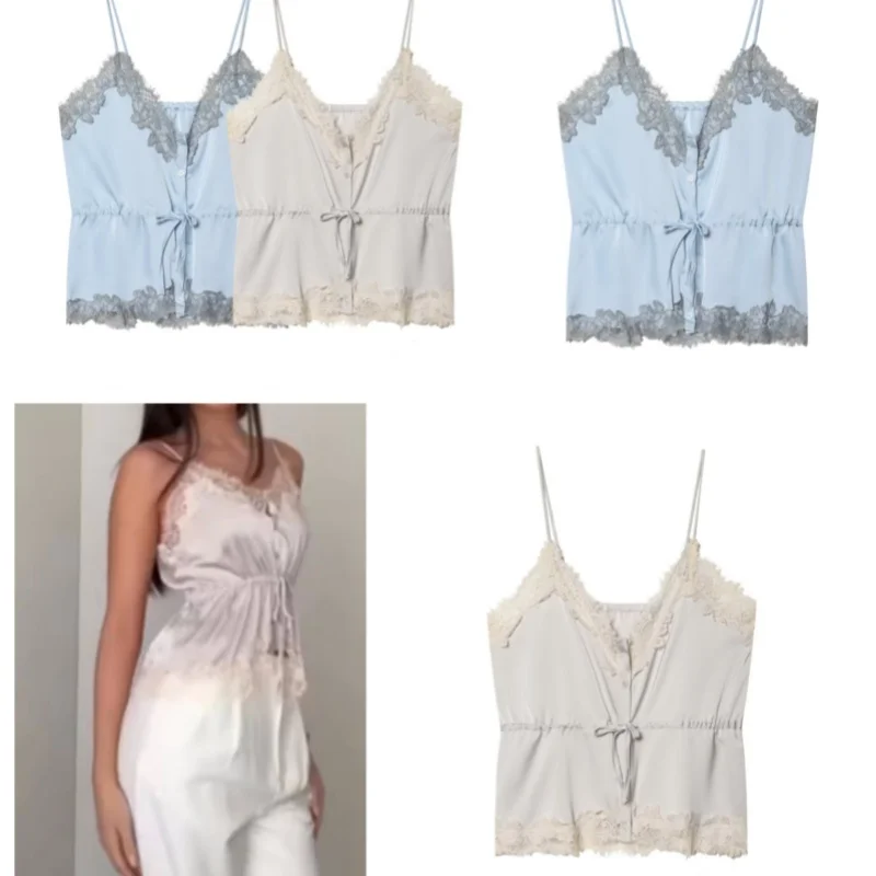 New Lace-Trimmed Satin-Texture Top, Fashionable and Versatile, Elegant and Graceful