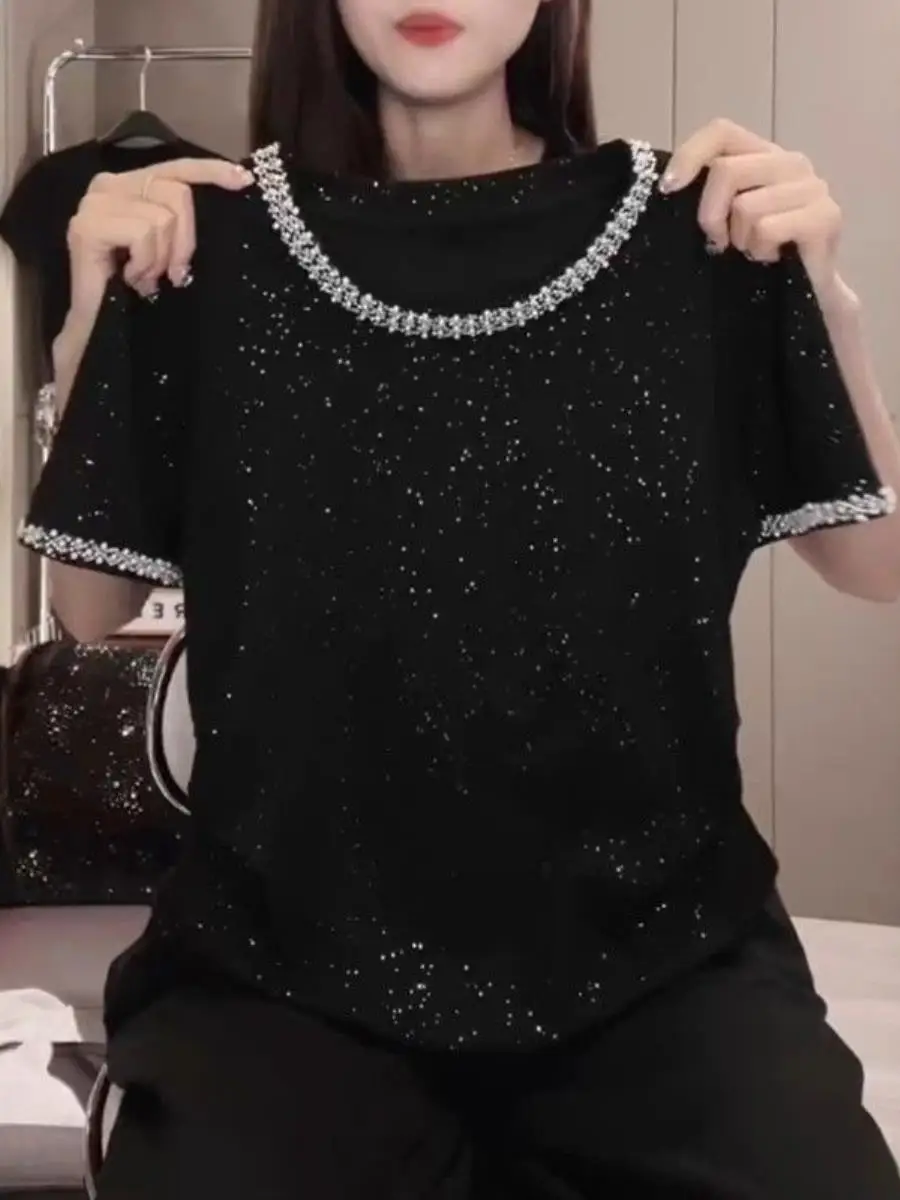 スリムフィット半袖tシャツ-レディース-プラスサイズ-夏用-着痩せ効果のある3点セット-ダイヤモンド埋め込み半袖-星柄