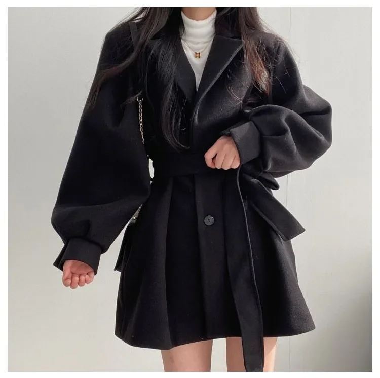 New Elegant Petitesuit Collar Korean Style Medium-Length Woolen Women's Overcoat Jacket Autumn/Winter Season Belt-Bound