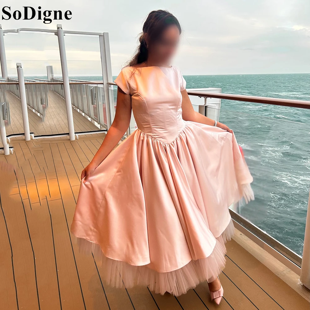

SoDigne Elegant Pink Evening Dresses A-Line Pleated O-Neck Tea Length Cap Sleeves Party Dress Backless 2025 Prom Gown Customized
