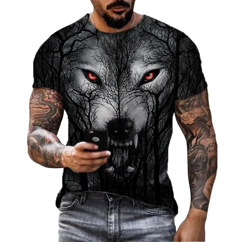 

Summer Men Fun Daily Loose Wolf Pattern 3d Printed O Collar Short Sleeve T-Shirt Personality Street Plus Size Breathable Top