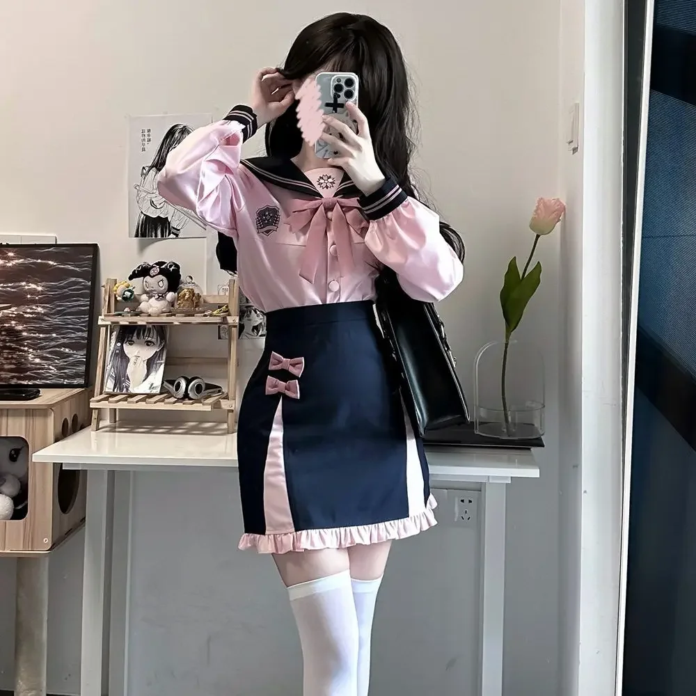 Herfst Winter Zoet Roze Marine Kraag Schooluniform met Strik Versierd Ruche Rok voor Vrouwen Koreaanse Jk Uniform Afstudeerjurk