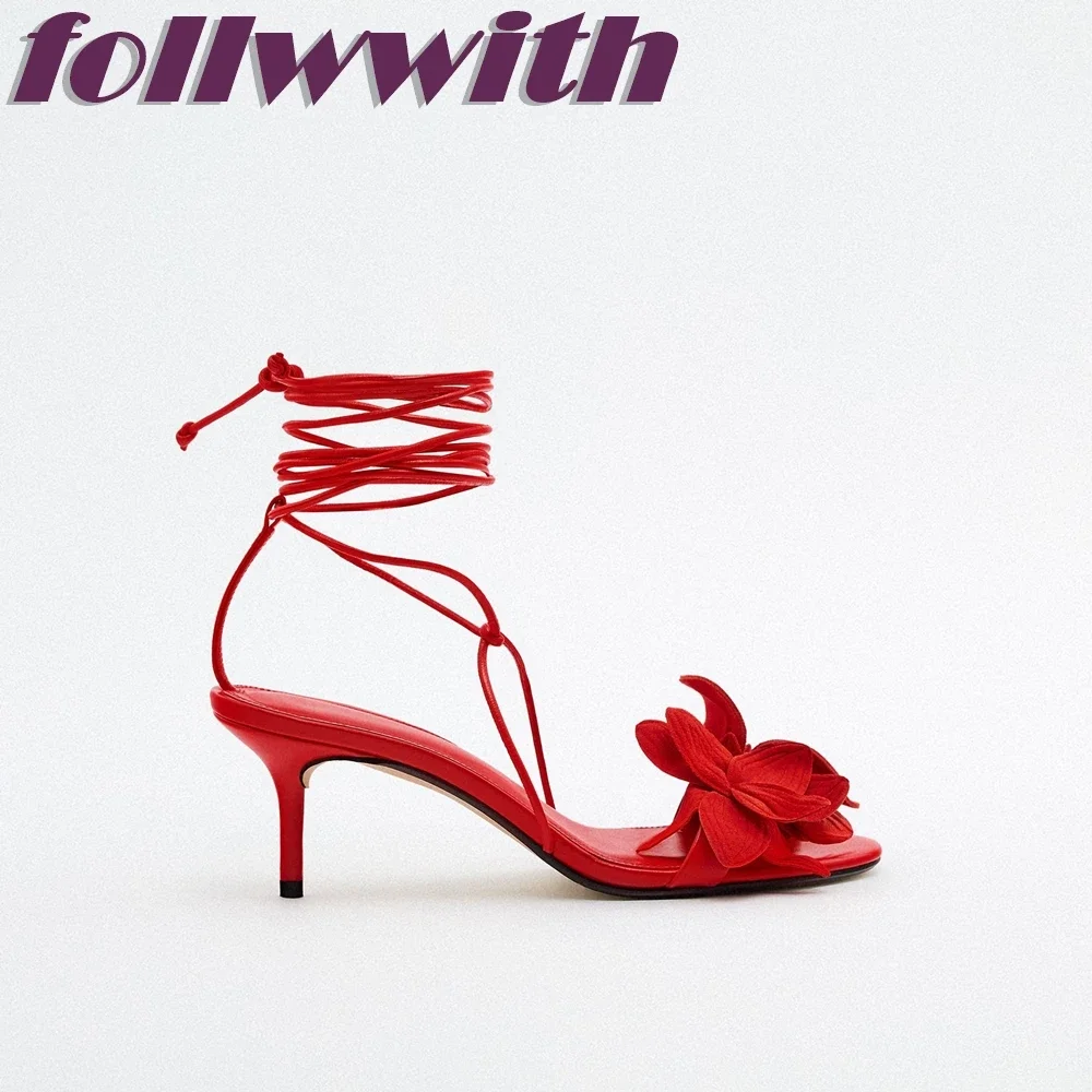 Ladies Solid Red Flowers Lace Up Sandals Unique Sexy Sandals Cross Tied Stiletto Heel Party 2026  New Arrival Summer Woman Shoes