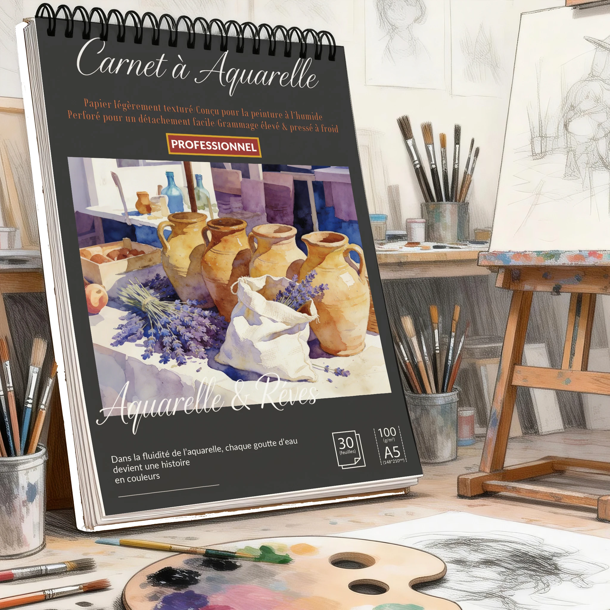 

Spiral Bound Art Sketch Book A5, Black Hardcover Lavender & Terracotta Jars Print, 100 GSM Acid-Free Pad – For Artists & Student