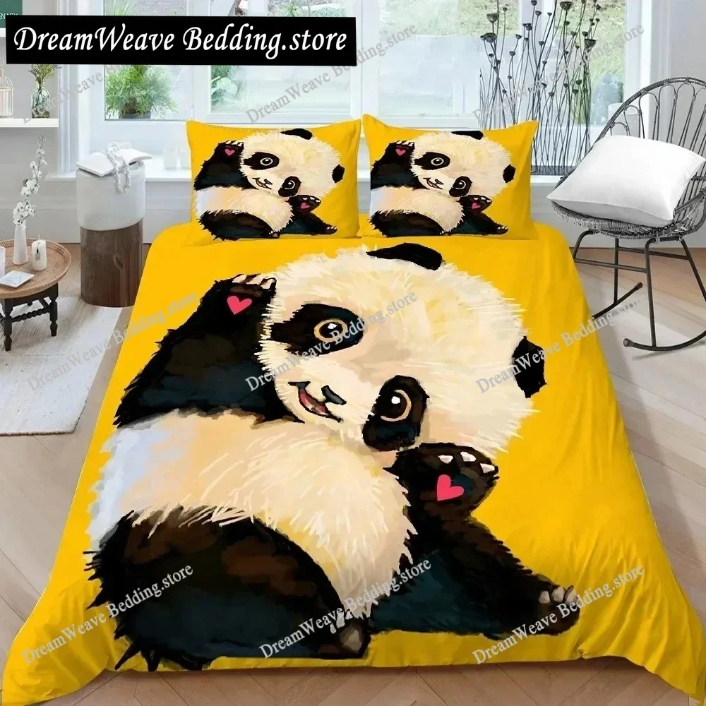 

3D Panda Bedding Set for Boys Girls Cute Cartoon Giant Panda Duvet Cover Set King Queen Size Yellow Soft Polyester Quilt Cover
