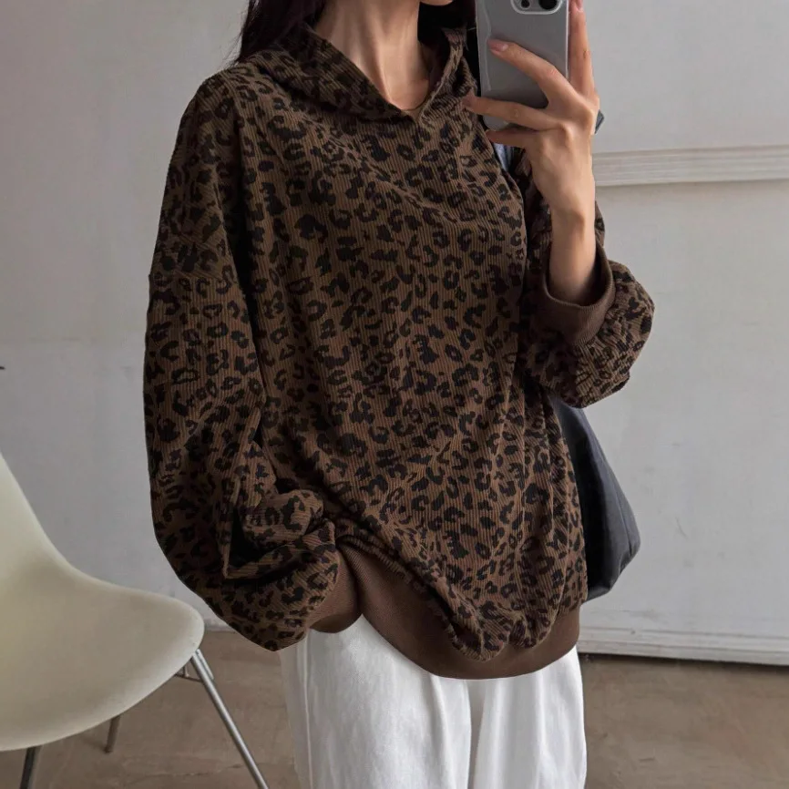 Women's Leopard Print Hooded Sweatshirt Long Sleeve Drawstring Loose Fit Elegant Versatile Commute Office Casual Pullover Hoodie