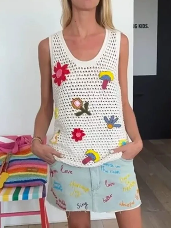 

High-End European Sle Cartoon Embroidery Hollow Knitted Vest Women's Summer New Heavy Work Svel Top