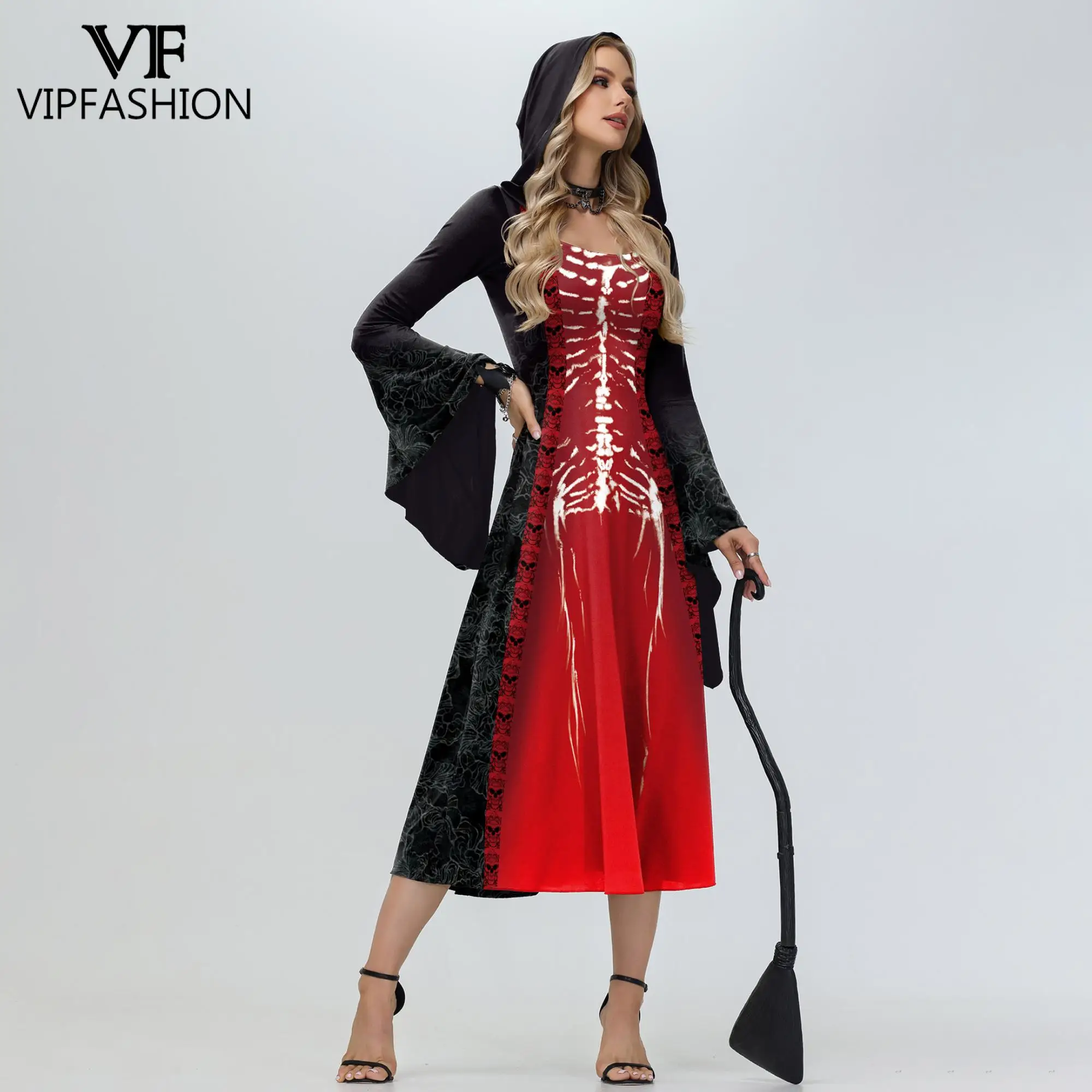 

VIP FASHION Skeleton Skull Halloween Women Dress Bell Sleeve Witch Vampire Cosplay Costume Medieval Retro Gothic Hood Dress Robe