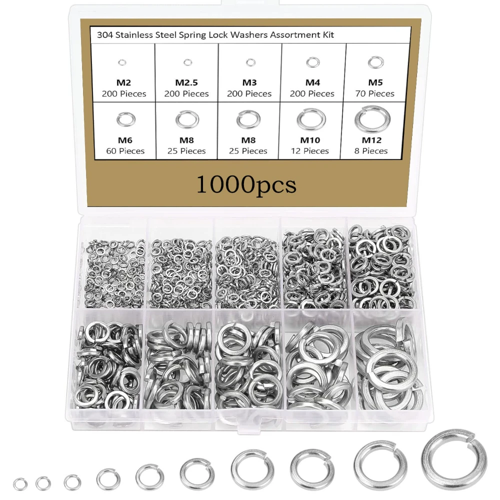 

1000pcs 304 Stainless Steel Spring Washer Set Elastic Gasket Spring Ring Gasket M2 M3 M4 M5 M6 M8 M10 M12 Metal Gasket Fasteners
