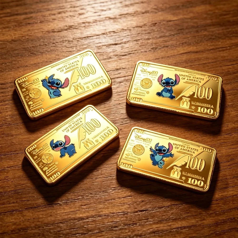 4PCS Stitch Gold Square Bars - Children's Commemorative Collectible Art Souvenir Cartoon Characters for Festival & Birthday Gift