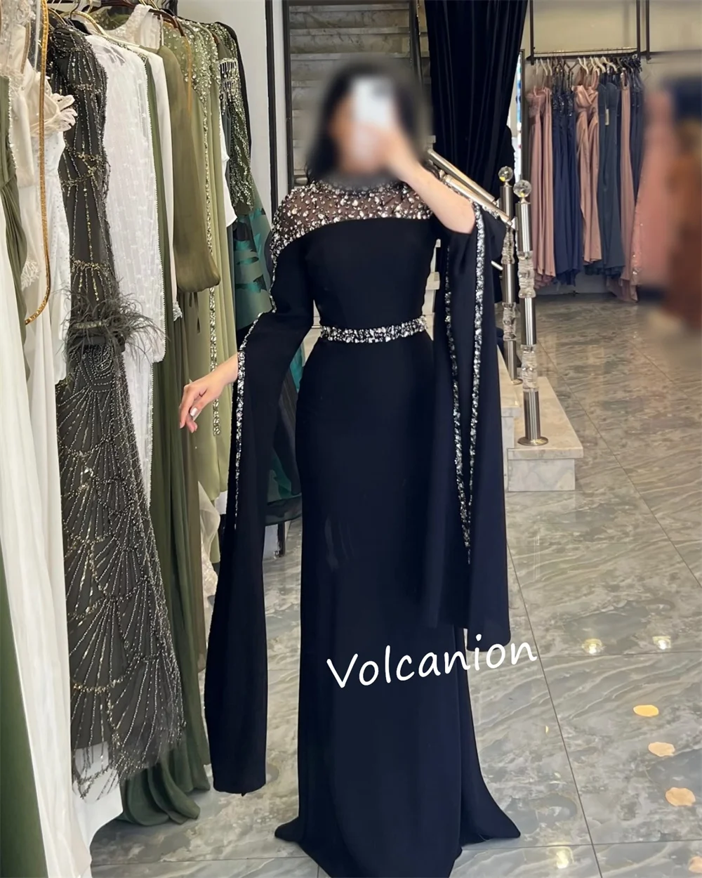 تخصيص جيرسي مطرزة الياقة العالية ألف خط فساتين طويلة مناسبة مخصصة رائعة البريق حفلة موسيقية رسمية