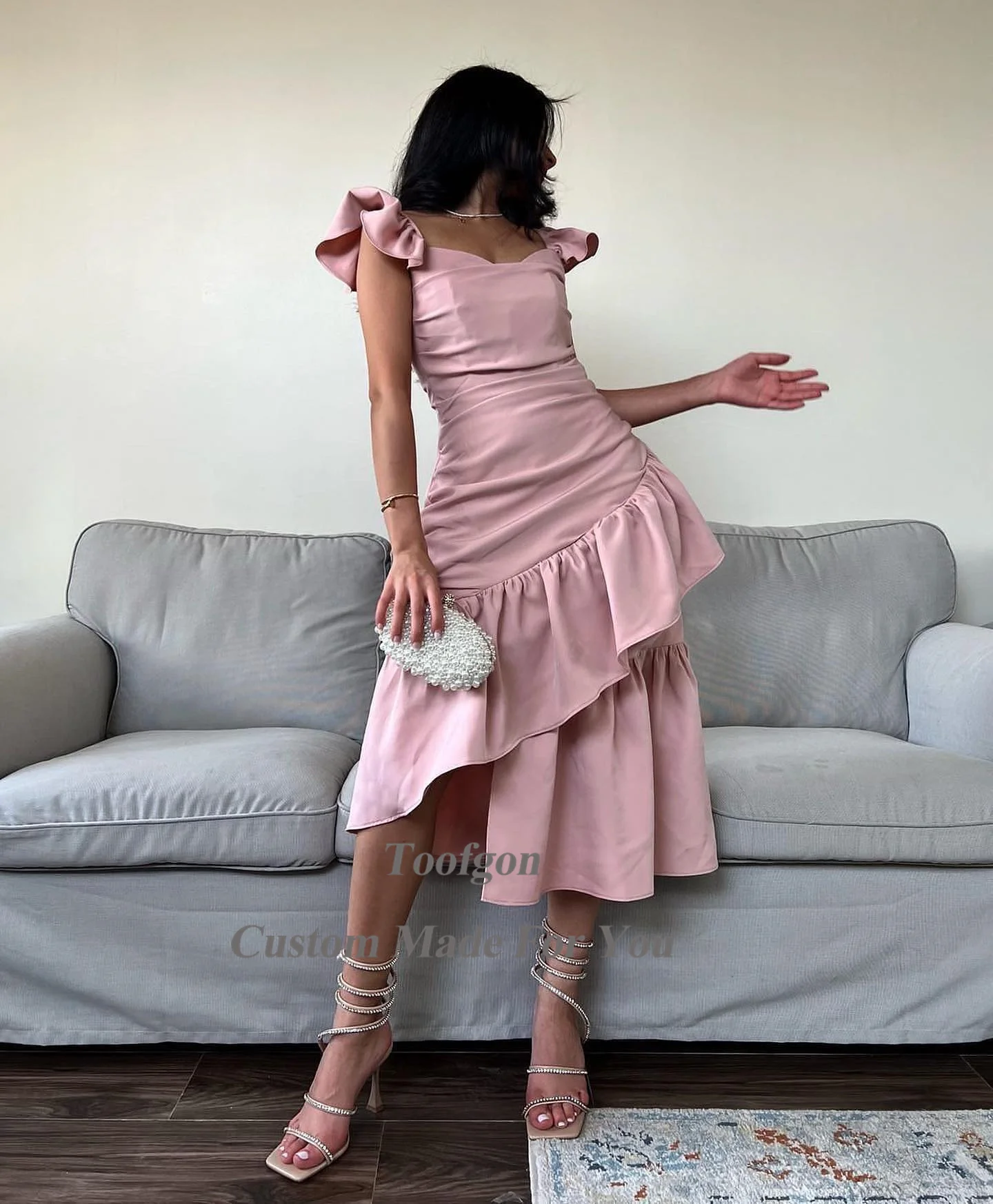 Toofgon Dusty Pink Saudi Arabia Prom Gowns Sheath Pleated Layers Evening Dresses Tea-Length Women Formal Special Party Dress