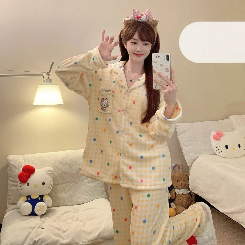 Embroidery HelloKitty Cartoon Cute Pajamas Set Harajuku Style Kawaii 2 Piece Set Pajamas Thick Fleece Winter Fashion New 2025