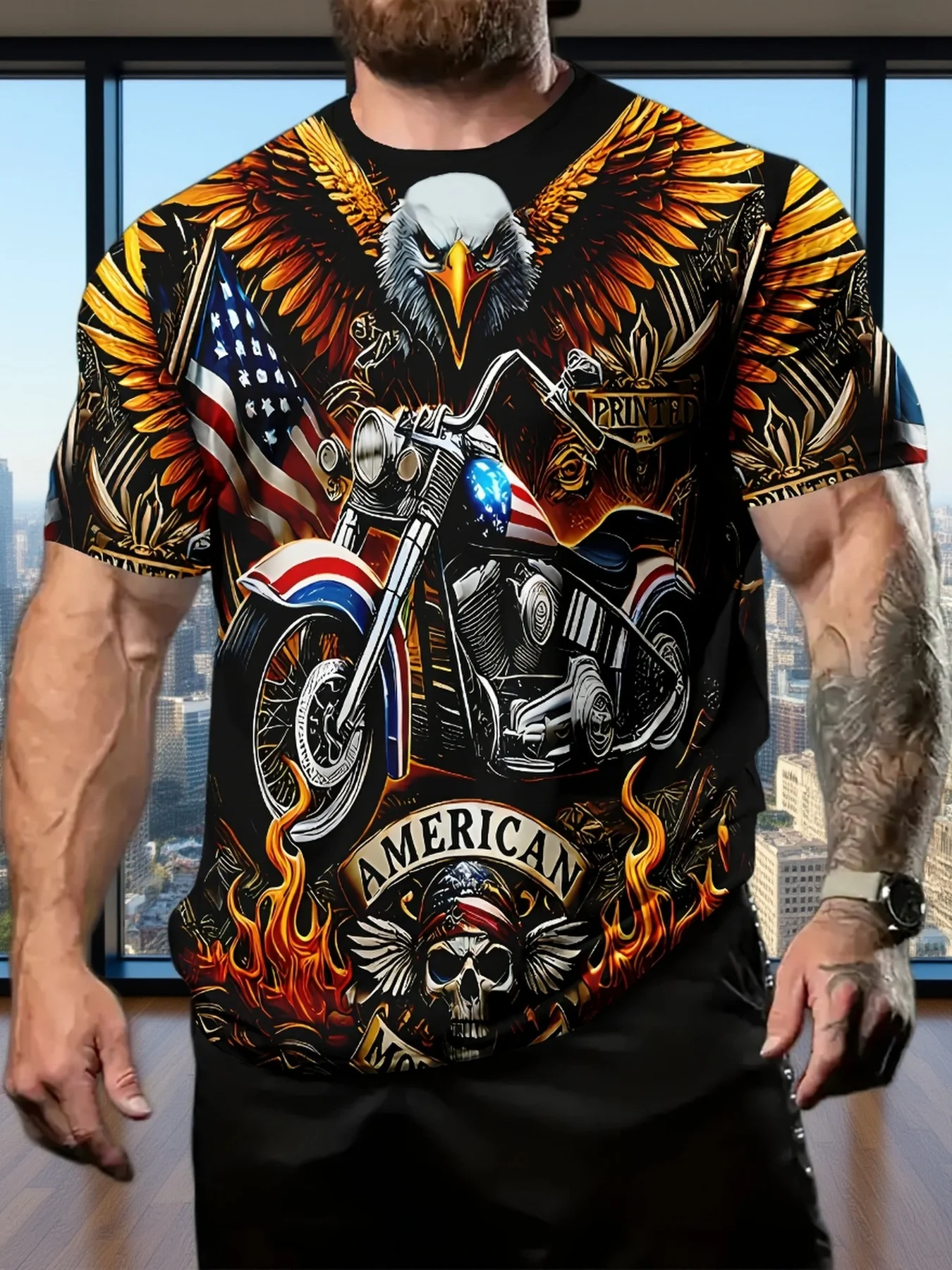 Herren American Eagle Motorrad-Print T-Shirt Lässiger O-Ausschnitt Kurzarm Vintage Biker Grafik-T-Shirt Streetwear Oberteil – Detail 1