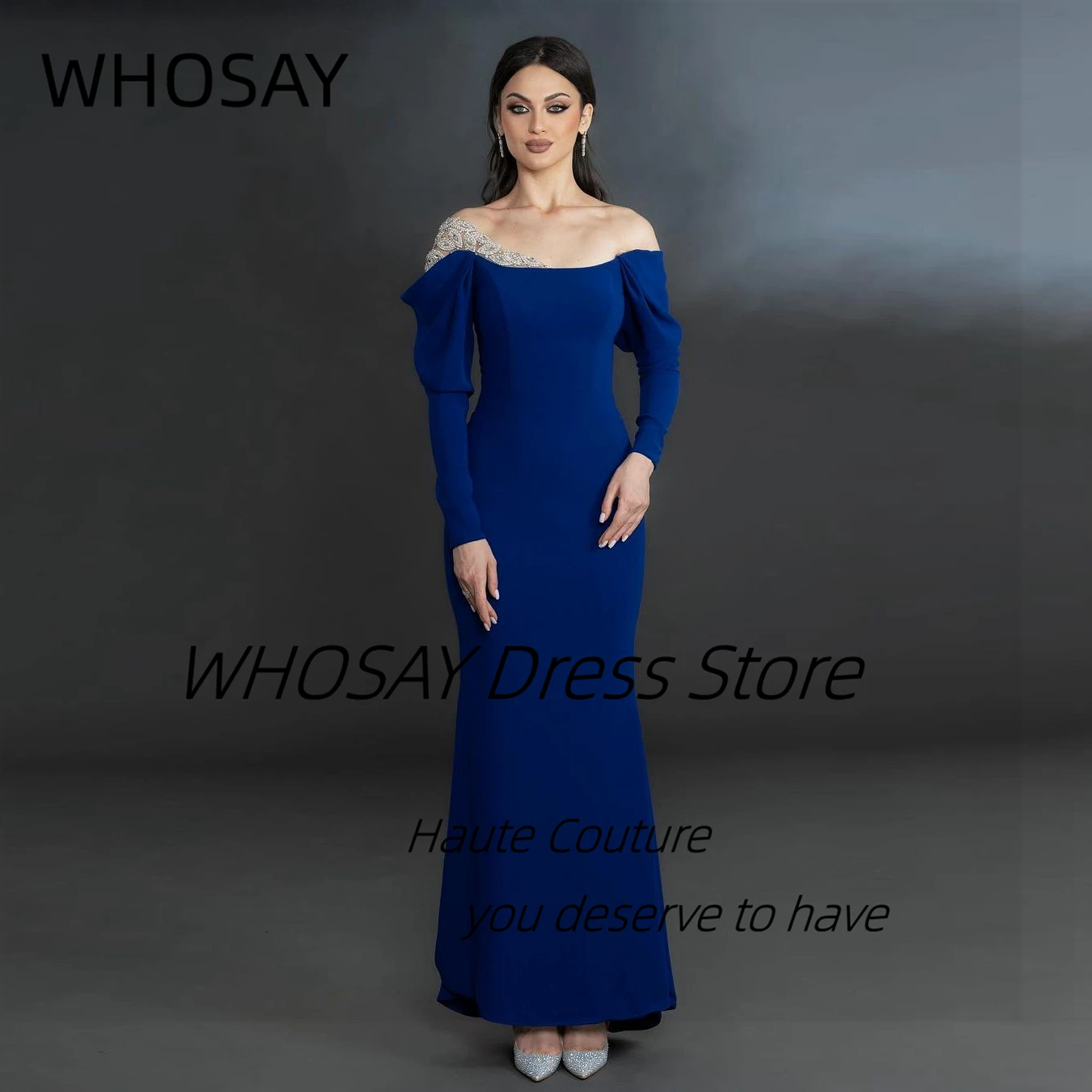 WHOSAY Formal Banquet Women Wear Beaded Off Shoulder Evening Dresses Long Sleeves Zipper Back Wedding Party Prom Gowns