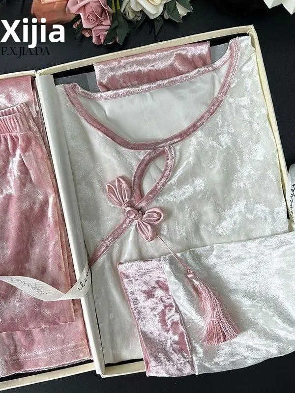 plus Size 300 Pounds Velvet Long Sleeve Sleepwear Set Women's Autumn Winter Home Clothes Comfortable plus Size Sister's Suit