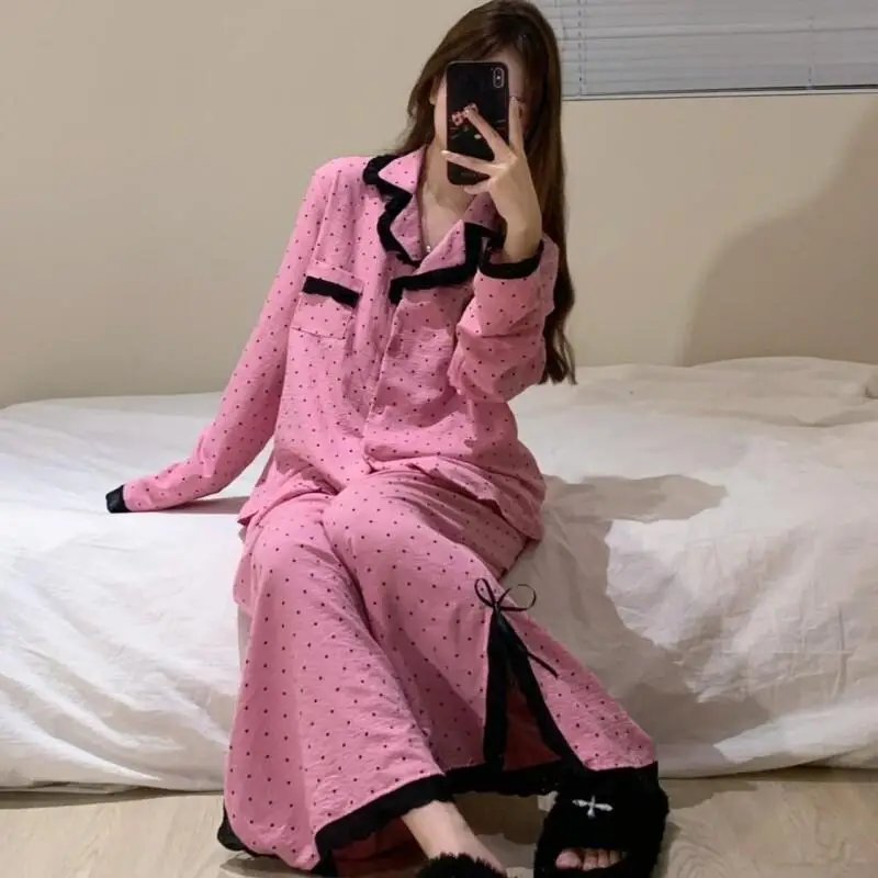 

New Sweet Polka Dot Lace and Lace Design Niche Korean Home Suit Set Pajama Girl Style Long Sleeved Sleepwear Women Spring Autumn