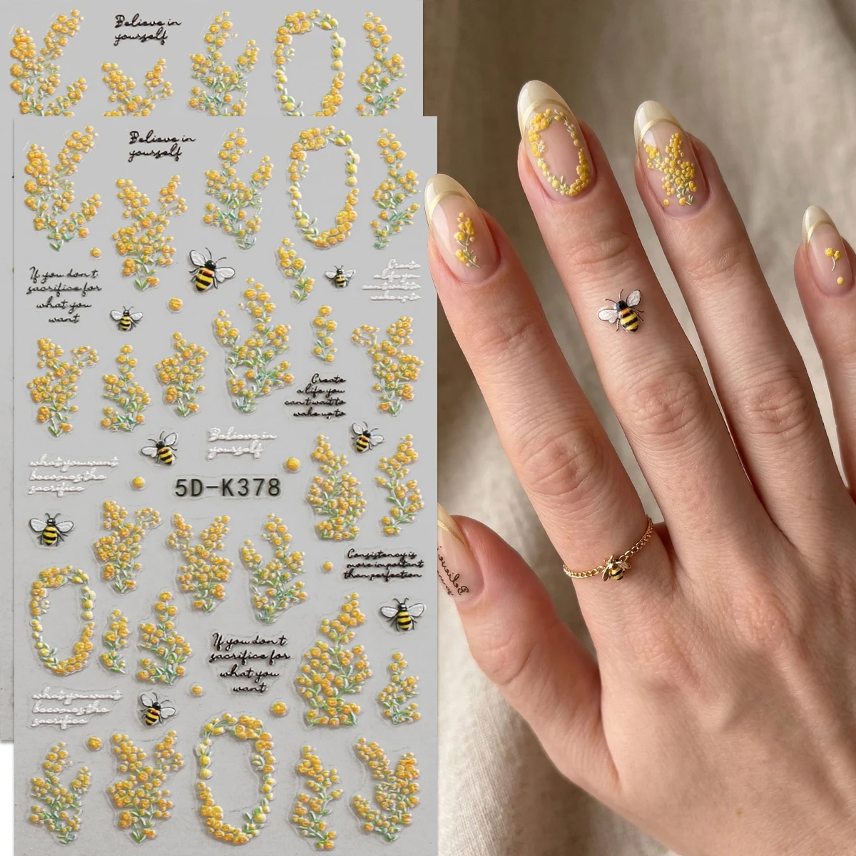 

Весенние 5D-наклейки для ногтей с лилиями и пчелами - Желто-зеленые наклейки для ногтей с лилиями, пчелами и надписями - Для повседневного весеннего образа, E