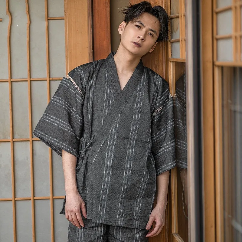 100%Cotton Men\'s Kimono Yukata Sweat Steaming Suit Pajamas New Japan Style Male Home Furnishings