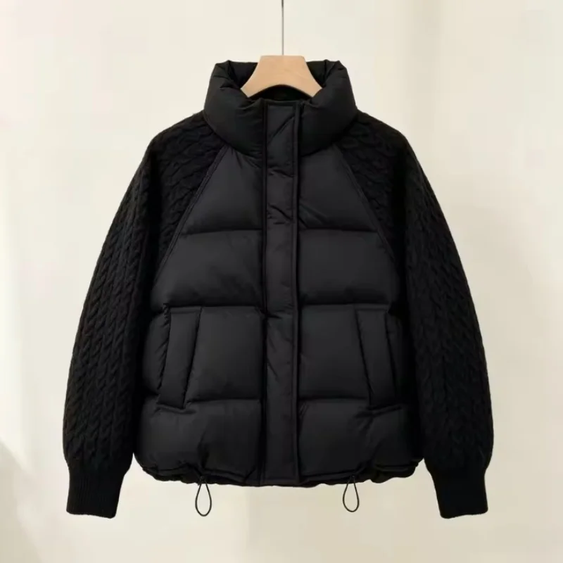 2026 New Winter Turtleneck Down Cotton Jacket Women Patchwork Knitted Warm Drawstring Short Puffer Coat Female Parkas