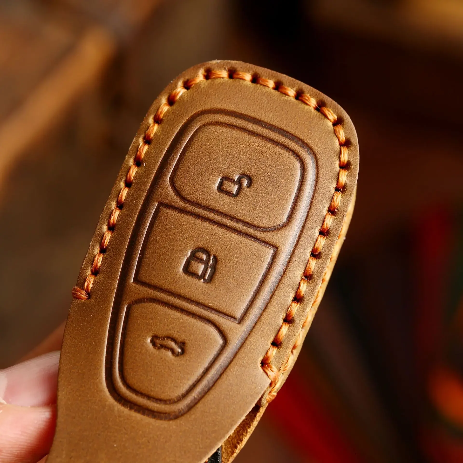 Top Grain Leather Key Case for Ford Kuga EcoSport Focus Fiesta, Full Enclosed Anti-Scratch Key Fob Cover with Metal Ring - view 5