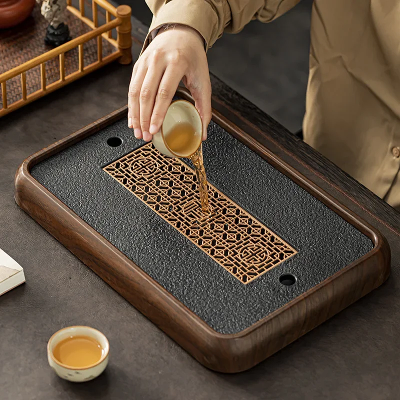 High-end Imitation Black Gold Stone Tea Tray Household Tea Table Drain TrayTray  Set New Sea Set Dry Brewing Gift