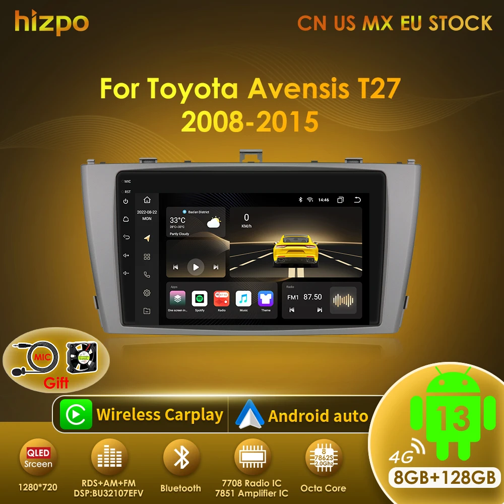 Hizpo AI Voice 2 Din Android Auto Car Multimedia For Toyota Avensis T27 2008-2015 Radio Carplay 4G GPS 2din Automotivo Autoradio