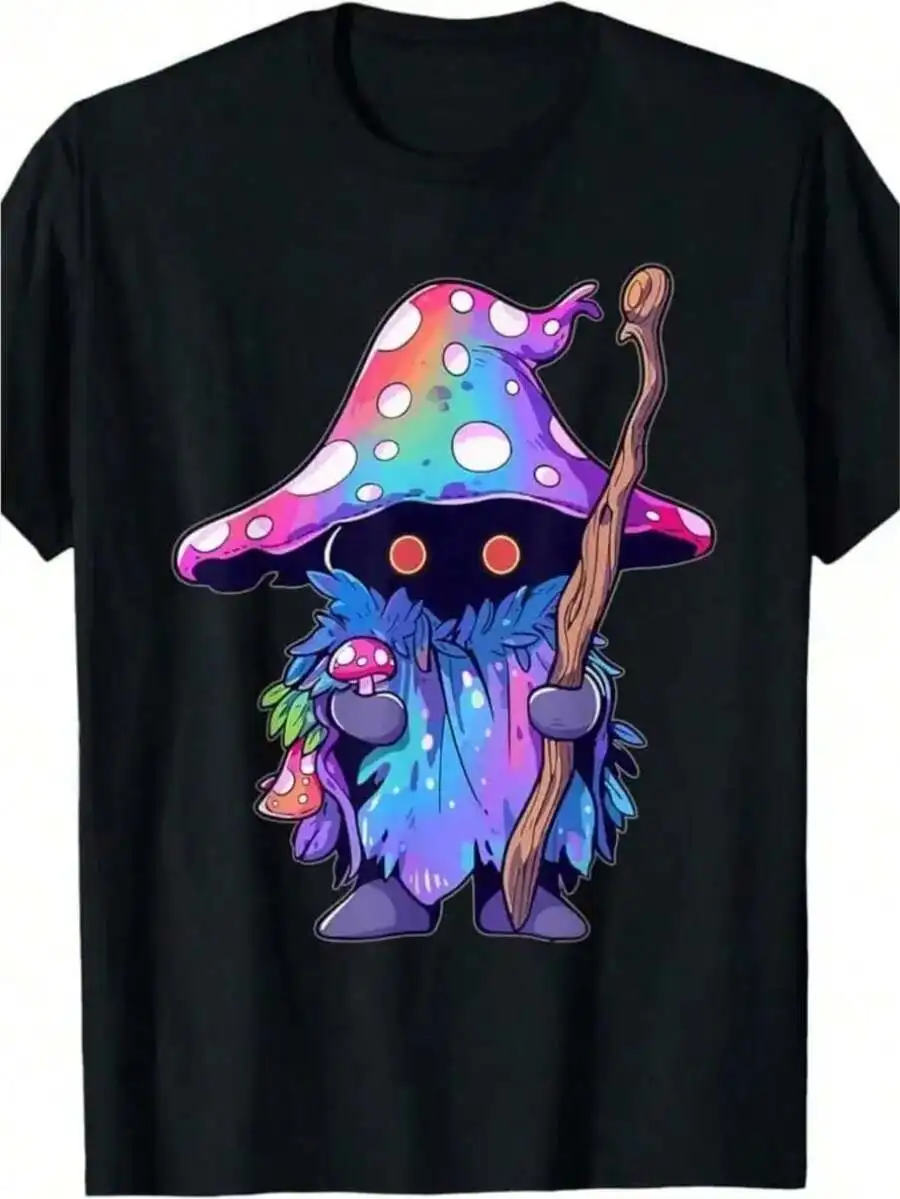 

Mens Cotton Graphic T-Shirt With Mushroom Wizard Design, Soft Round Neck Casual Tee