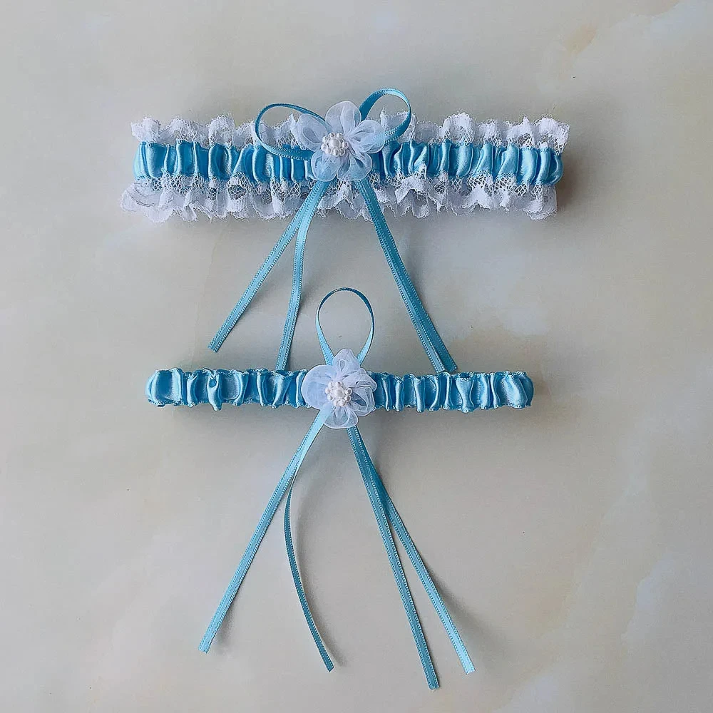 Sky Blue Wedding Garter Bridal Shower Bride Keepsake  Lace Pearls Bow Women Ladies Garter Night Supply