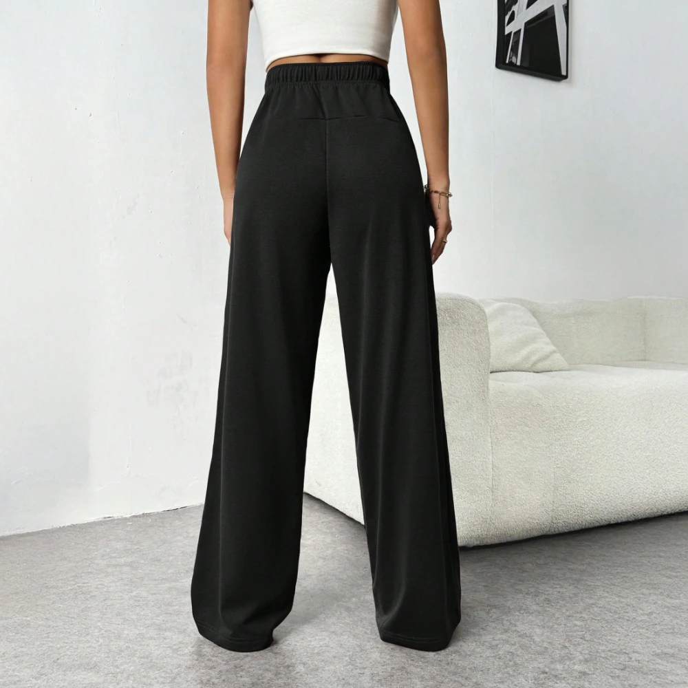 Pantalon de survêtement épais taille haute pour femmes, ample, jambes larges, décontracté, cordon de serrage, couleur unie, Long