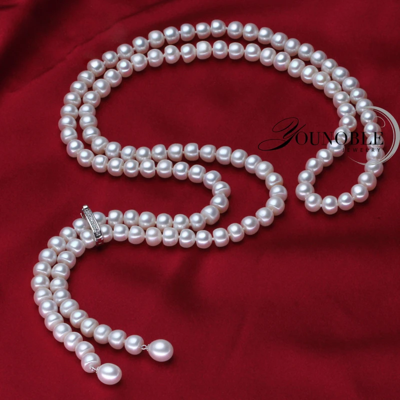 Real Long Pearl Necklace for Women 925 Silver Natural Bridal Freshwater White Pearl Necklaces Mother Anniversary Gift