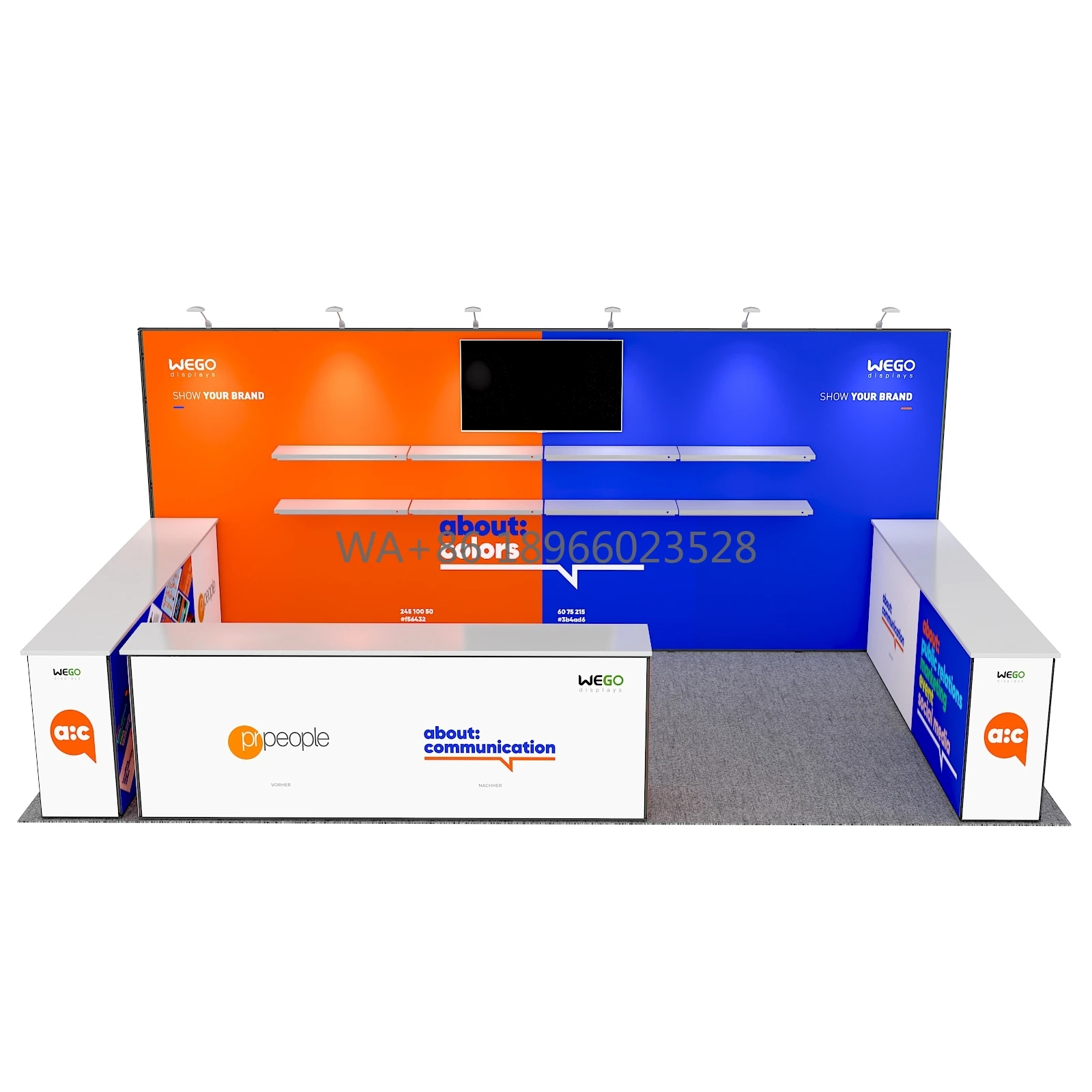 Facile da montare cabina per esposizioni commerciali con struttura in alluminio con tessuto a tensione grafica personalizzata da 6 m/20x10 con tavoli