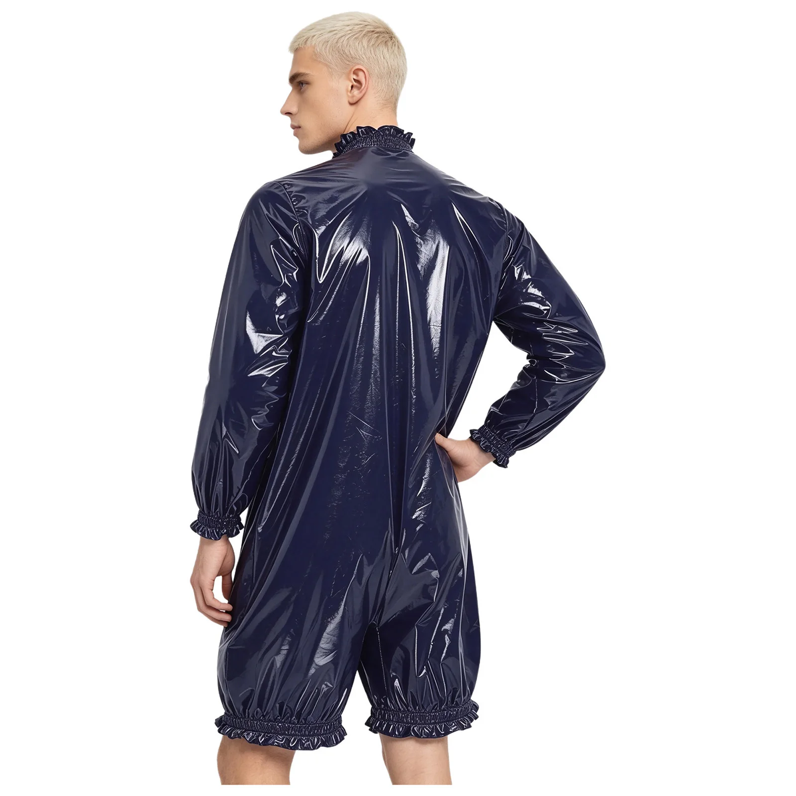 Mens Waterproof Vinyl Bodysuit Mock Neck Long Sleeve Front Zipper Short Bottoms Leotard Ruffled Swimwear Diaper Cover Romper