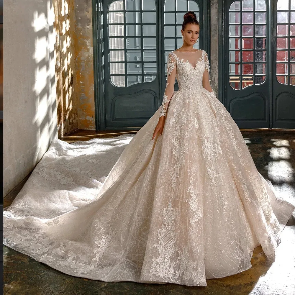 

Customize Ball Gown Wedding Dress Applique Long Sleeves Vestidos De Novia Sequin Beading Robes De Mariage vestidos de novia