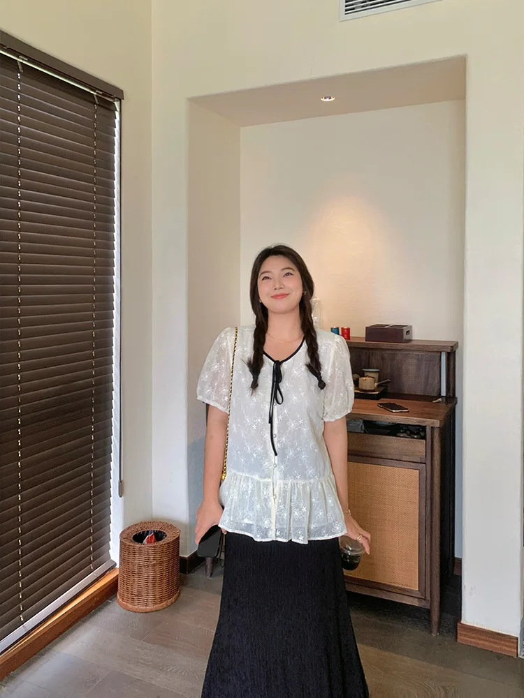 

Lin Da Hui plus Size Bubble Sve Chiffon irt Women's Summer New Sle Plump Fi Tail Top Lace Trim Blouse Faionable pl...