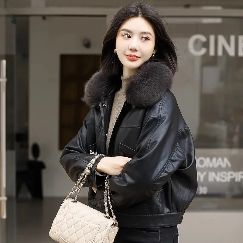 Winter Leather Jacket Women Short Coat Fleece Lining Thicken Warm PU Outerwear Rabbit Fur Jackets Ladies Velvet Tops Loose Coats