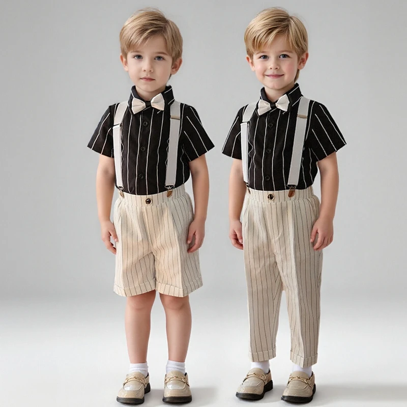 

Boys Suspender Trousers Suit Summer Toddler School Piano Performance Costume White Stripe Gentleman Wedding Party Blazer Set 8 Y