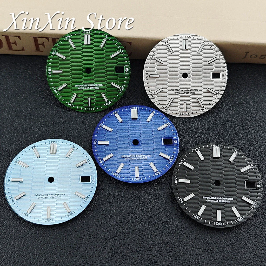 

Горизонтальный полосатый циферблат 28,5 мм, зеленый светящийся логотип, сделай сам, модифицированные механические аксессуары для часов для NH35 NH36, циферблат