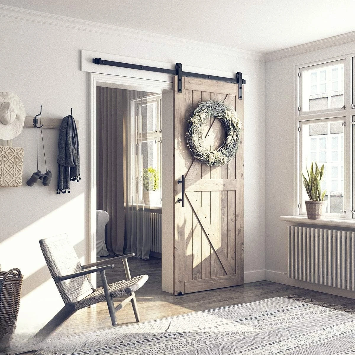 

6FT Sliding Barn Door Hardware Whole Kit (Include 6ft Track Kit & Pull Handle Set & Floor Guide), Smoothly and Quietly