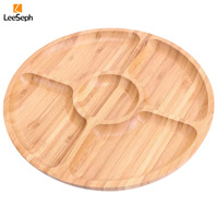 Leeseph Bamboo Round 5 Compartment Serving Tray, Ideal for Snacks, Fruits, Nuts, Wooden Plate with Dividers for Party Platters