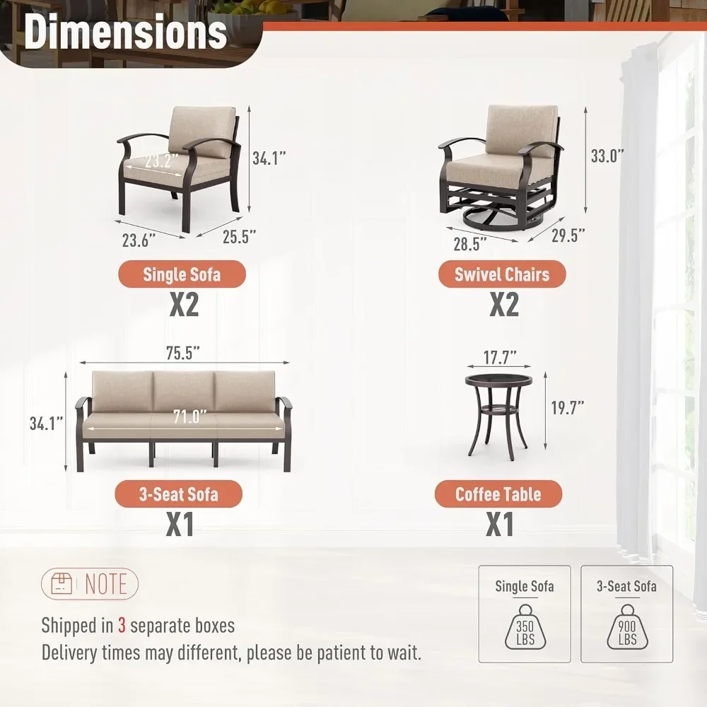 Juego de muebles de jardín de aluminio, juego de conversación al aire libre de metal moderno de 7 plazas, sofá seccional de terraza con silla giratoria, cojines de 5,1"