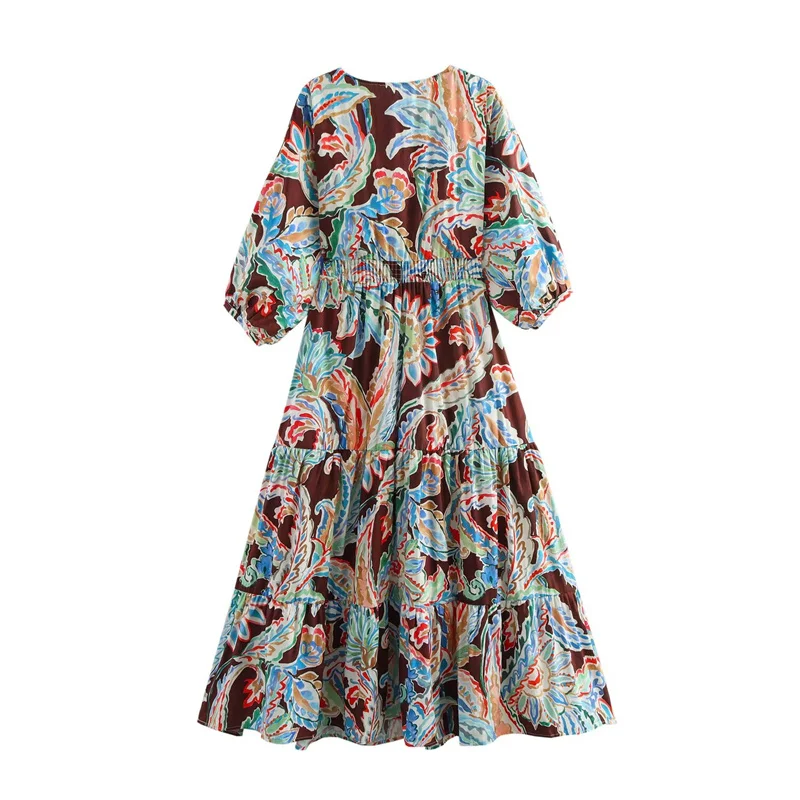 Spring Women's Printed Dresses 2025 New Fashion Casual Loose V-Neck Long Dress Elegant Vacation Style Dresses