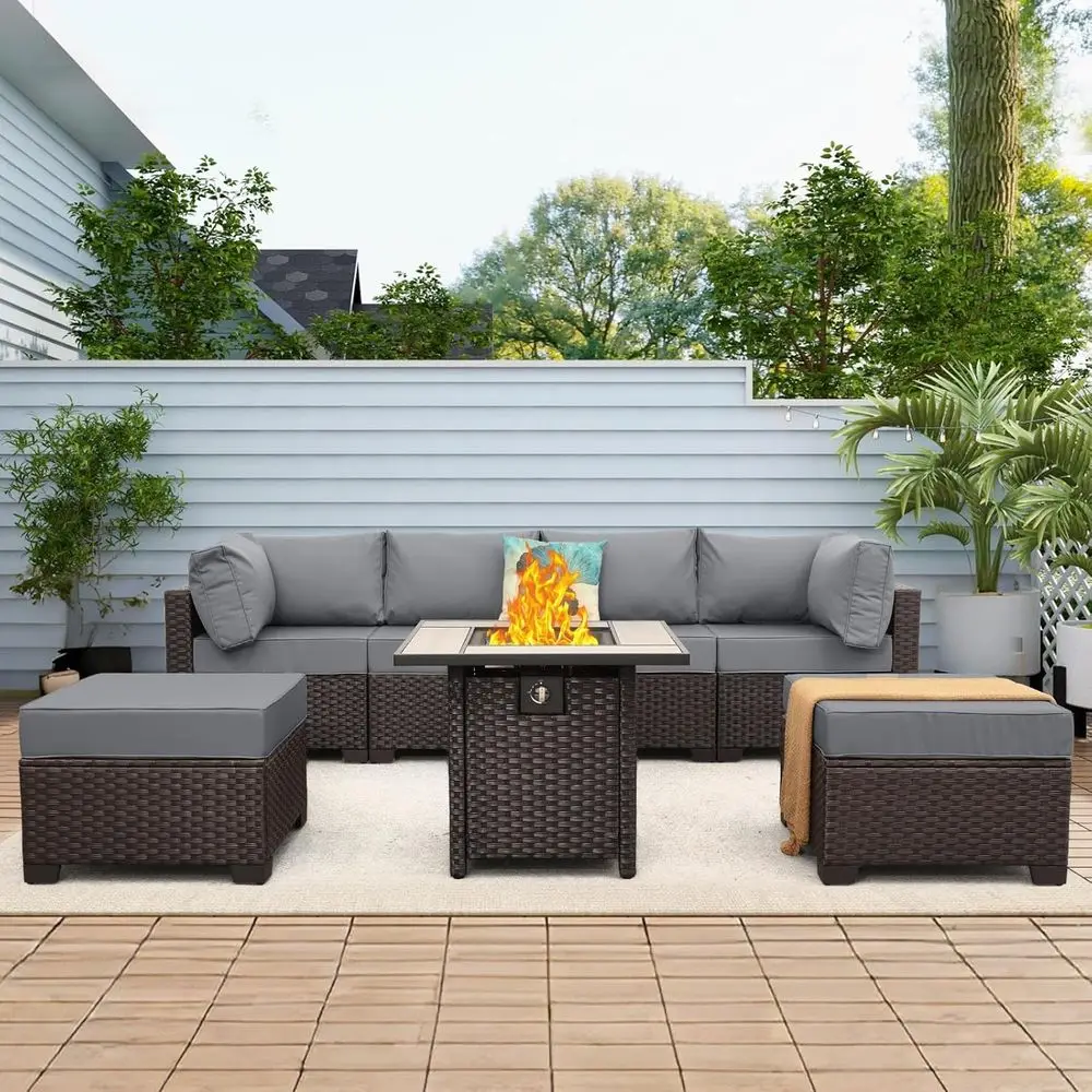 

7-Piece Outdoor Sectional Patio Furniture Set with Brown Rattan, Propane Fire Pit, Grey Cushions & Cover
