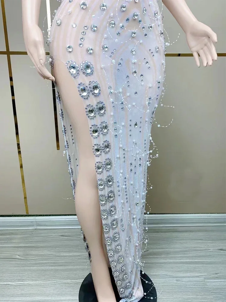 Vestido de diamantes de imitación con flecos de perlas para mujer, ropa Halter sin mangas, disfraz de actuación de Canto de fiesta de boda, regalo de cumpleaños