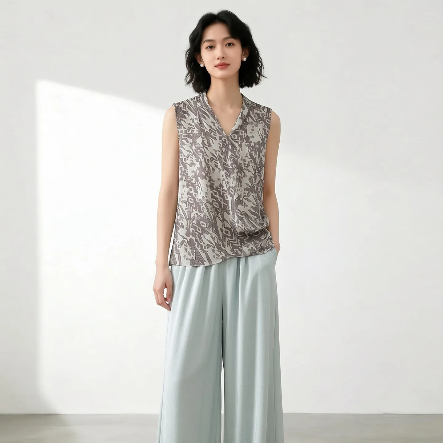 Winsleter-100%Real Silk Double Crepe Elegant Vest, V Neck Print, Women French Commute Thin Loose Vest, 2026 Summer New T66933CC