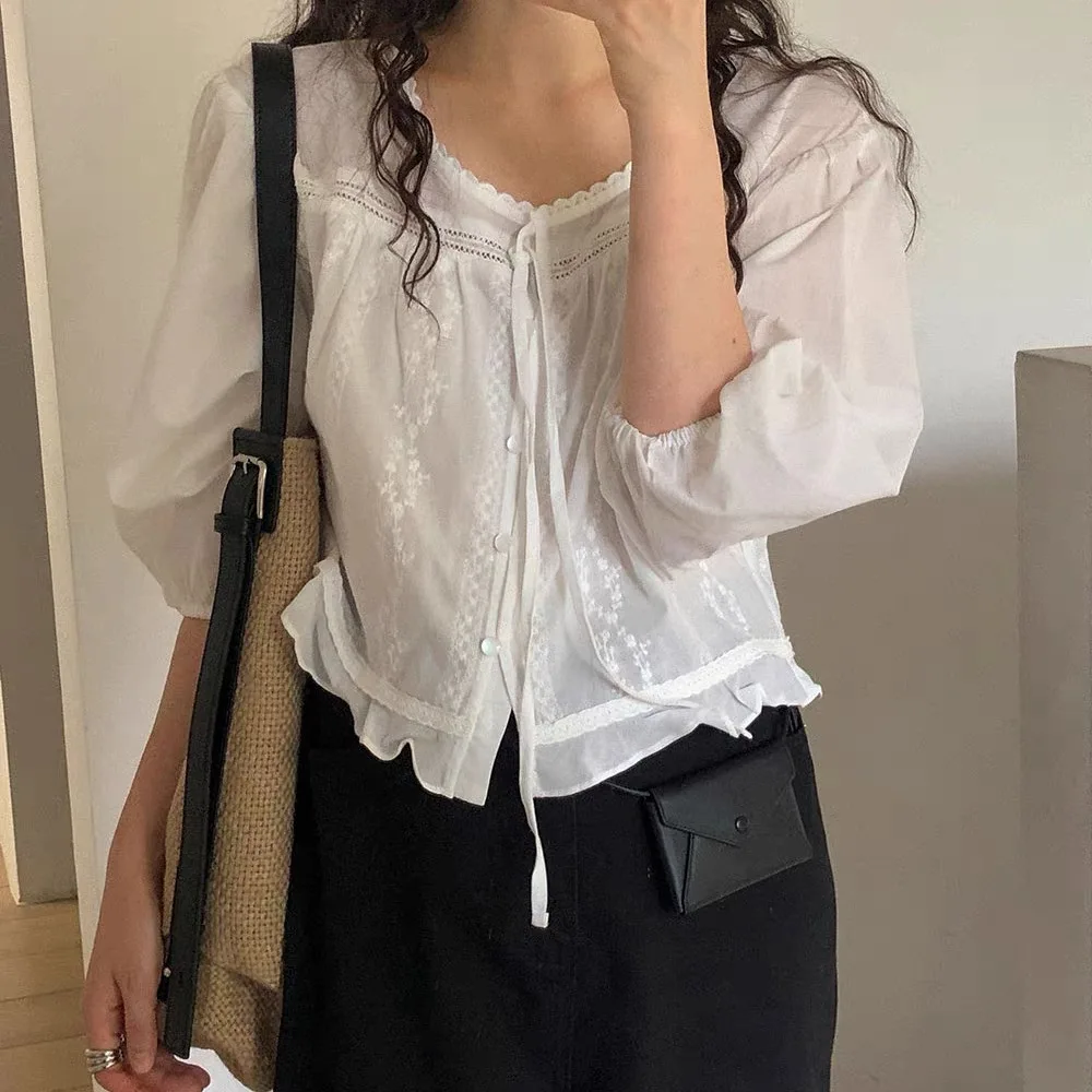 Korean Chic Ruffle V-Neck Tie Shirt Women's Embroidered Bubble Sleeve Short Cotton Loose Fit Autumn Top Seven-Quarter Sleeve