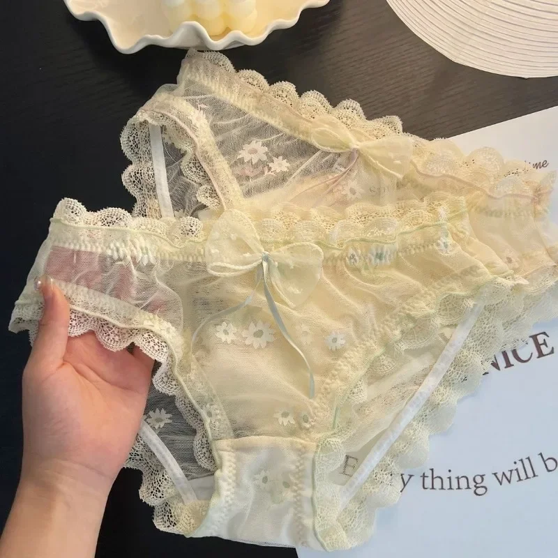 

Japanese Thin Lace Briefs Women's New Underpants Summer Sheer Mesh Panties Low Wasit Breathable Transparent Bow Knot Underwear