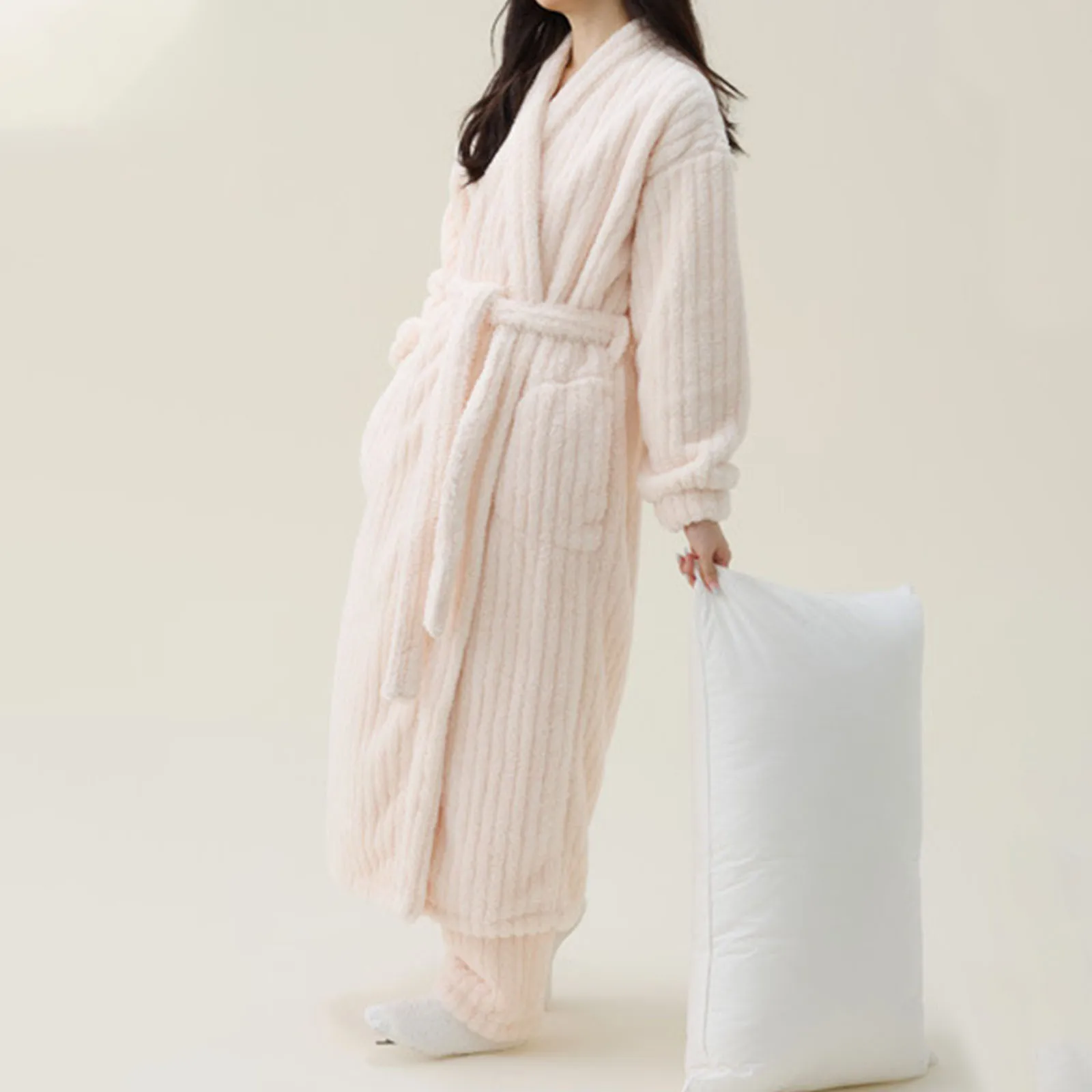 Winter Coral Fleece Pajama Sets Women Long Bathrobe Sweet V-neck Long Sleeve Warm Sleepwear Thick Casual Cardigan Sleepwear Robe