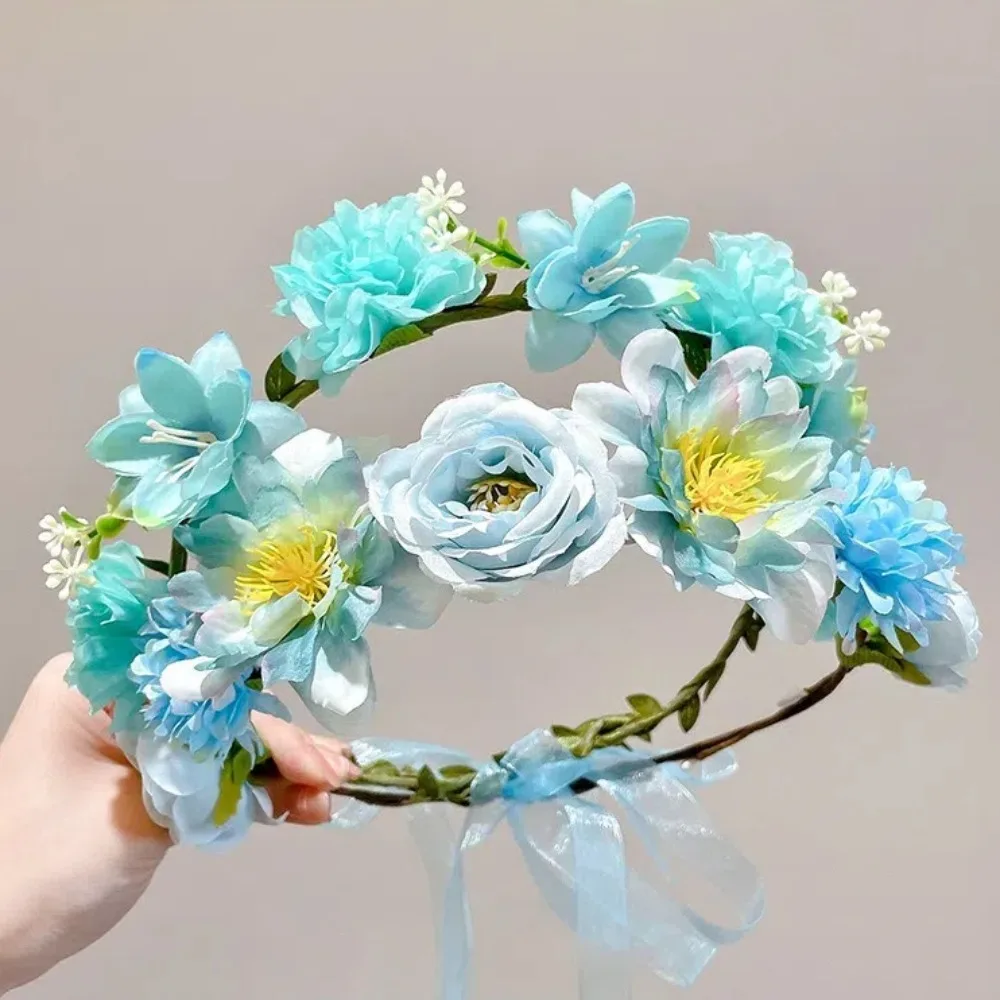 Fascinating Y2k Artificial Flower Fairy Flower Crown with Ribbon Headpiece Flower Headbands Bride Wedding Braided Wreath Women